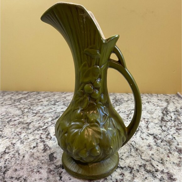 Vintage Green Grapes Relief Pottery Pitcher Vase Mid Century Art Pottery Decor - Picture 3 of 10